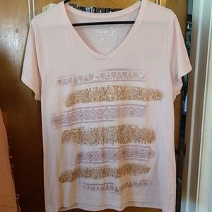 Pink v-neck w gold mandala and elephant detail